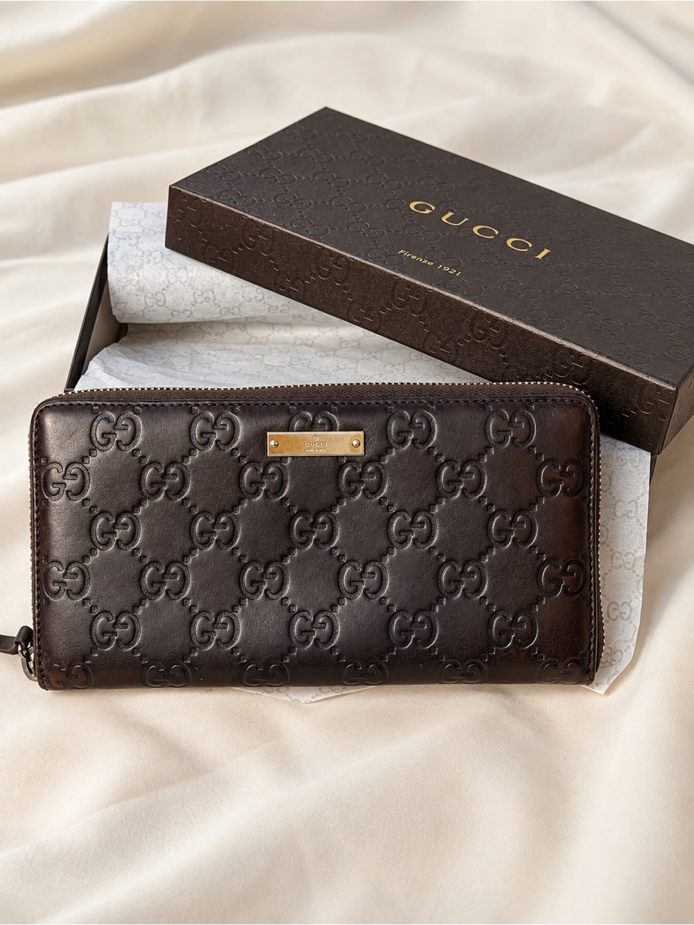 Gucci Guccissima Dark Brown Zip Around Continental Wallet with Box and Tissue